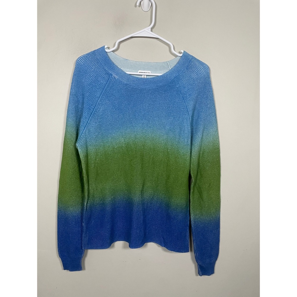 Minnie Rose Ombre Gradient Ribbed Knit Crewneck Sweater Green & Blue Size Small